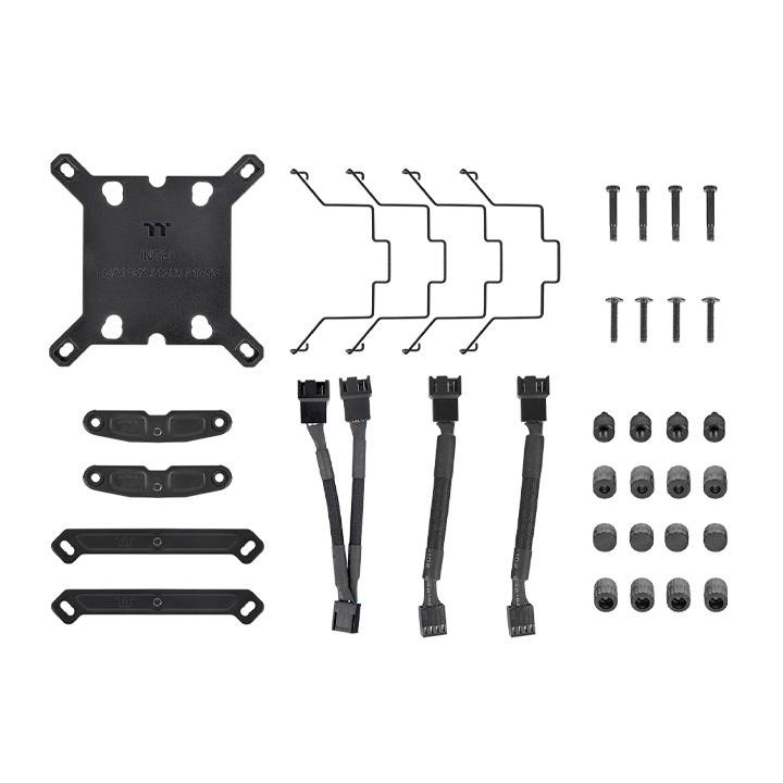 Befestigungskit für CPU-Kühler: Montageplatte, Kabel, Halterungen und Schrauben in verschiedenen Größen und Formen.
