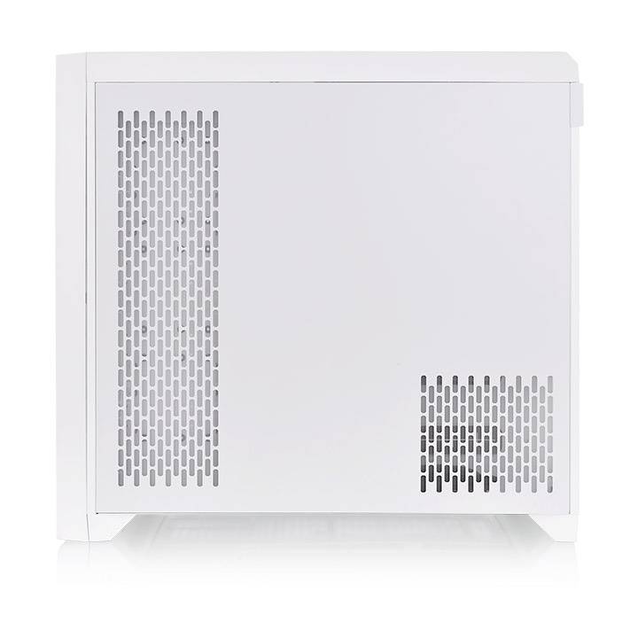 Ein weißes Computergehäuse mit zwei Lüftungsgitter auf der linken Seite, im minimalistischen Design.