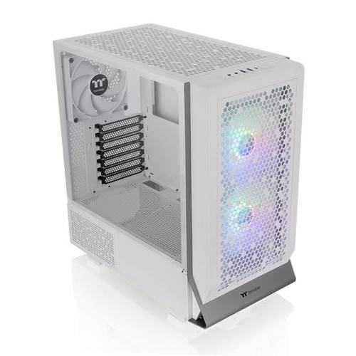 Ein weißes Computergehäuse mit transparentem Seitenteil und Lüftern mit RGB-Beleuchtung auf der Vorderseite.