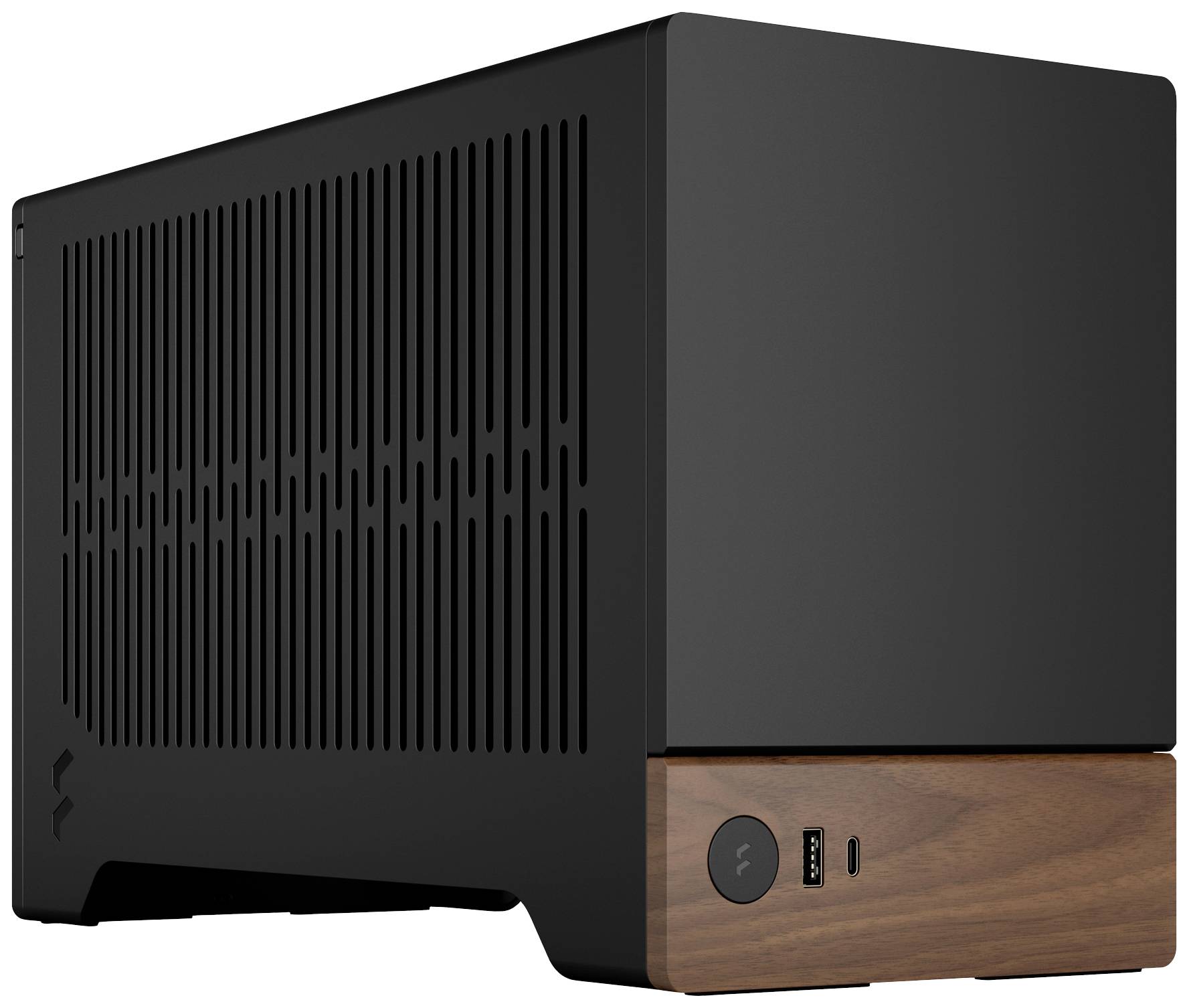 Schwarzes, minimalistisches Computergehäuse mit Holzdetails an der Front, Lüftungsschlitze an der Seite, USB-Anschluss vorne.