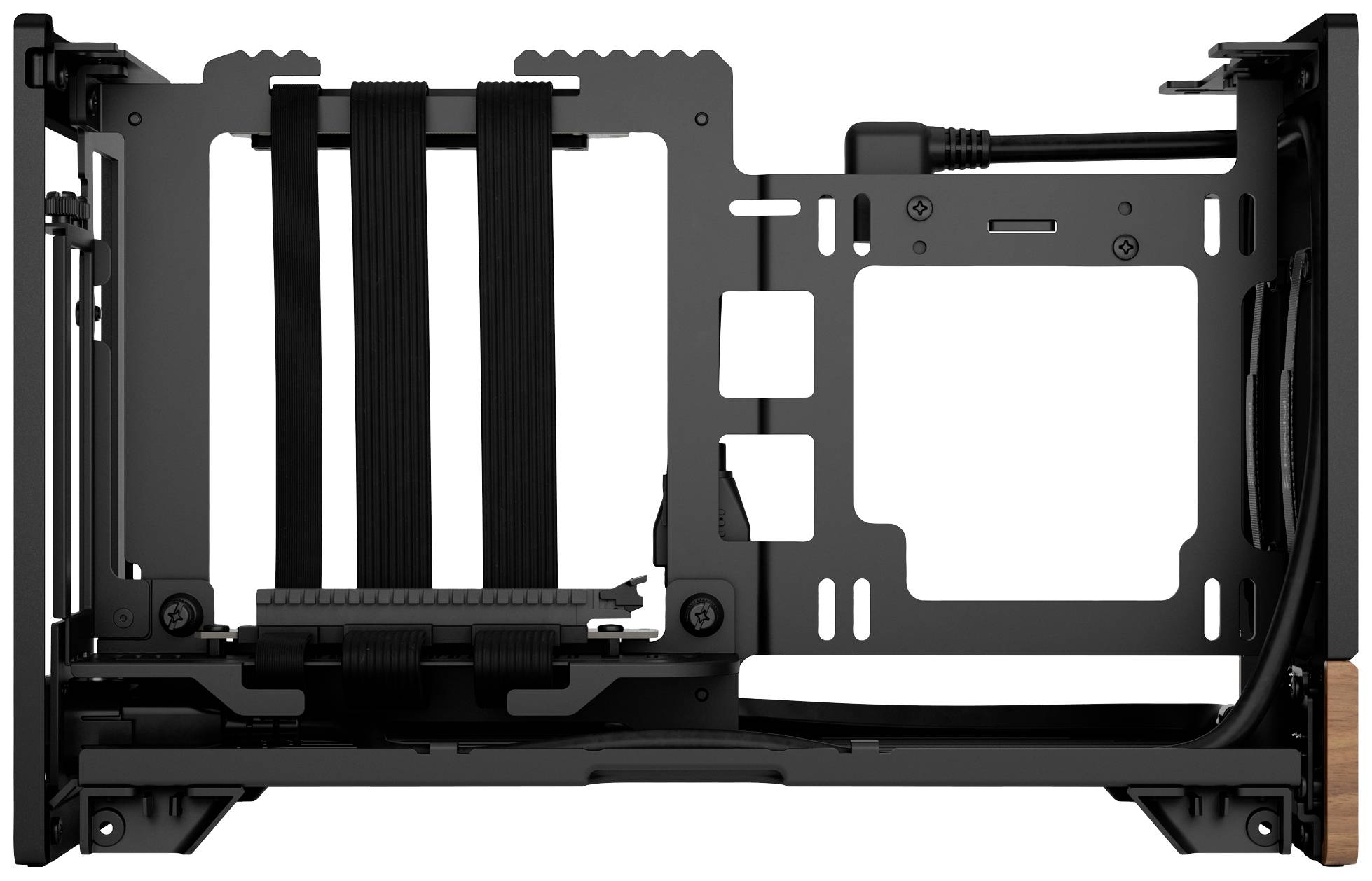 Ein schwarzes, leeres PC-Gehäuse ohne Komponenten, mit Kabelmanagement und offenen Plätzen für Hardware, seitliche Ansicht.