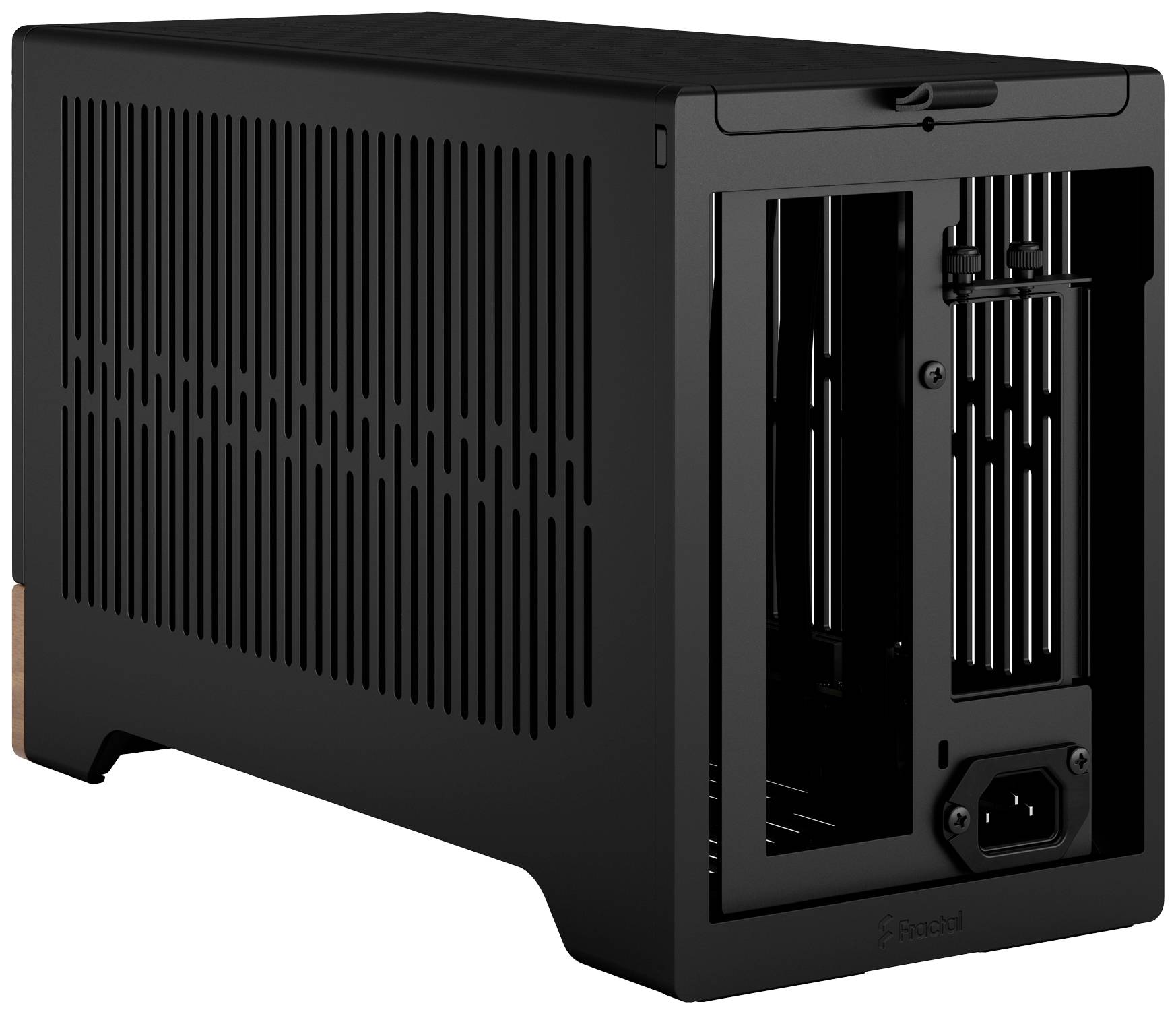 Schwarzes Computergehäuse mit offenem Seitenteil, zeigt innere Struktur und Lüftungsschlitze. Gehäuse ist für Mini-ITX-Motherboards geeignet.
