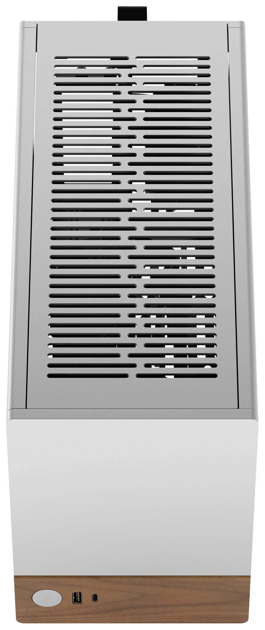 Ein silberfarbener, vertikaler Computergehäuse mit Lüftungsschlitzen oben. Unten befinden sich Anschlüsse auf einer Holzbasis.