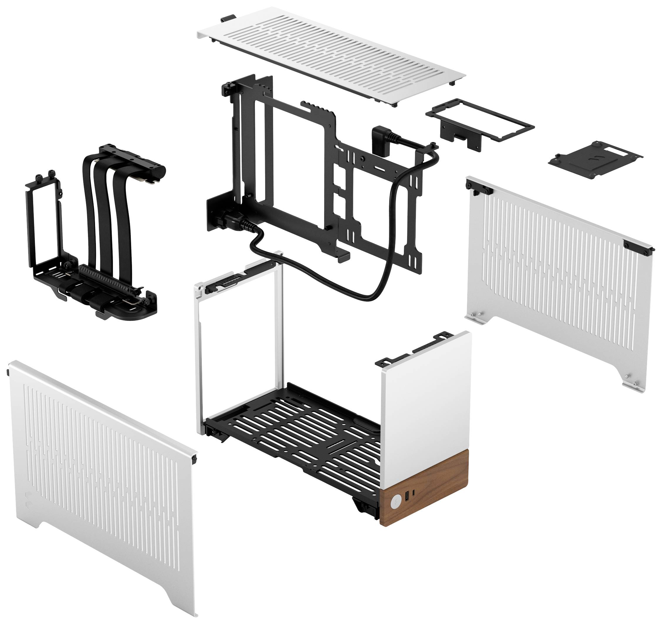 Computergehäuse in Einzelteilen, gezeigt in Explosionszeichnung. Enthält Seitenteile, Rahmen, Anschlüsse und Kabel, klar aufgeteilt.