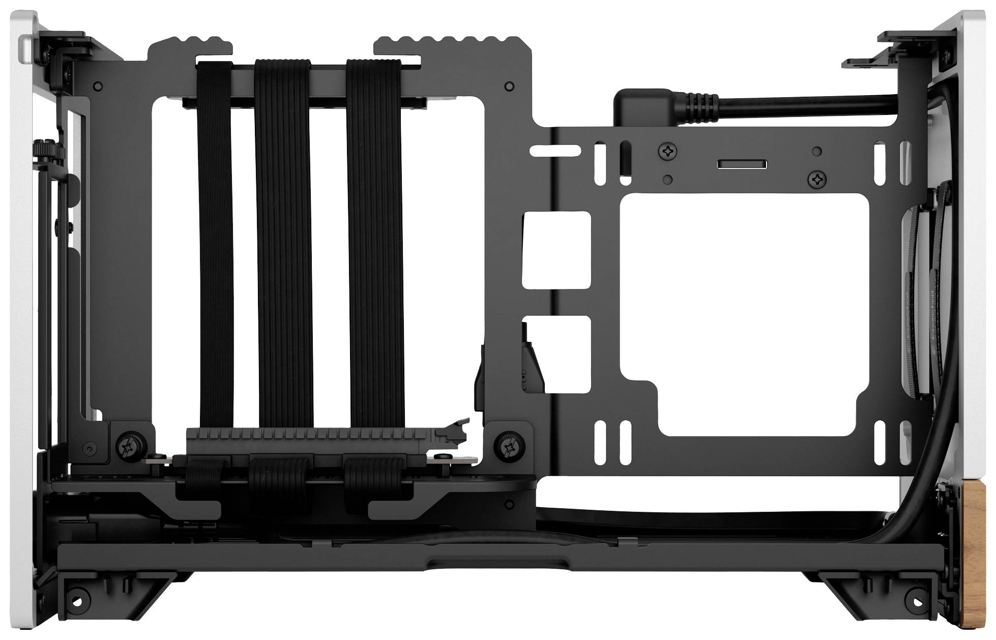 Computergehäuse von der Seite, enthüllt interne Rahmenstruktur aus Metall mit Kabelmanagementsystem. Ideal für kompakte Bauweise.