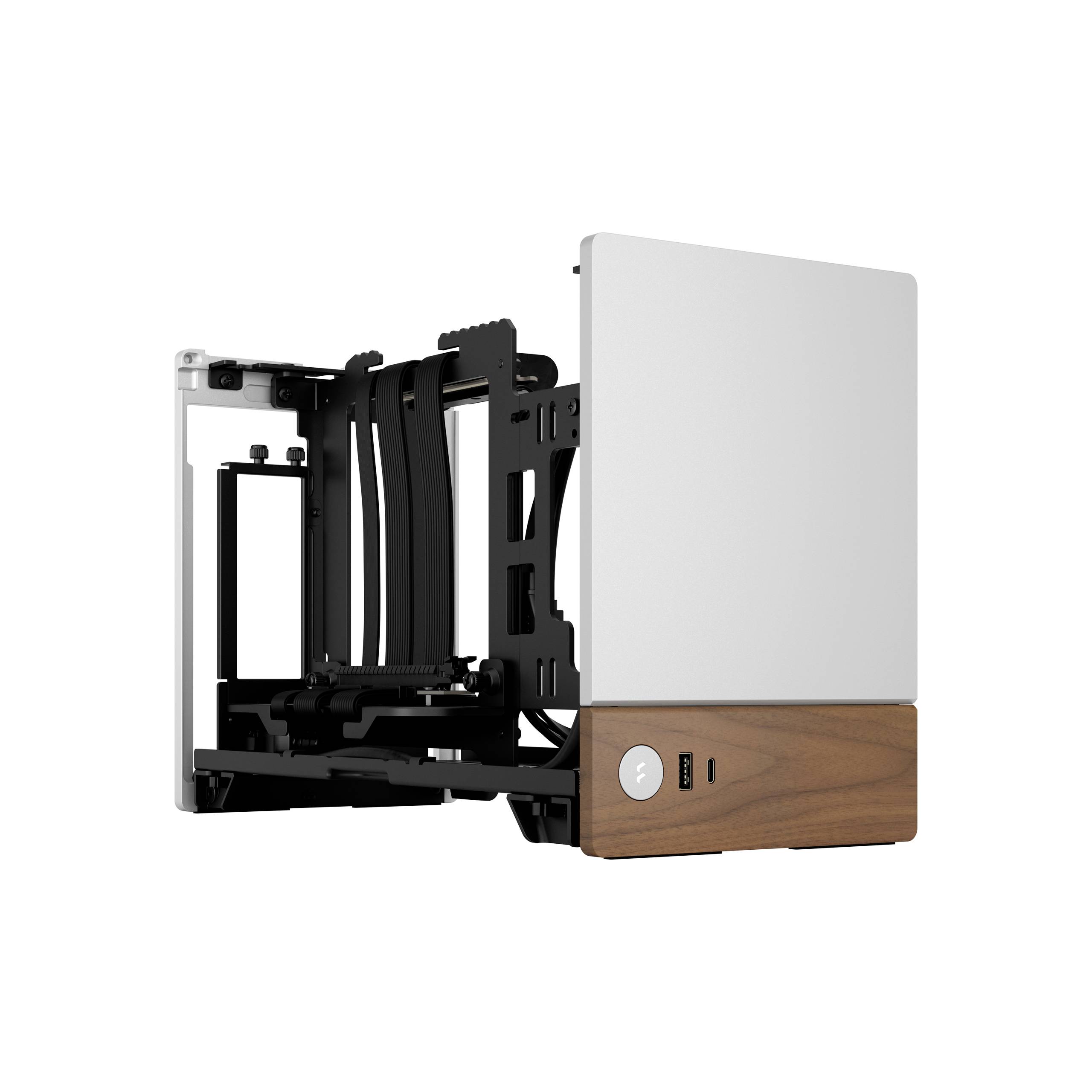 Offenes Computergehäuse mit moderner Ästhetik, weißem und holzfarbenem Finish, seitlichem Glas-Panel und mehreren Erweiterungssteckplätzen.