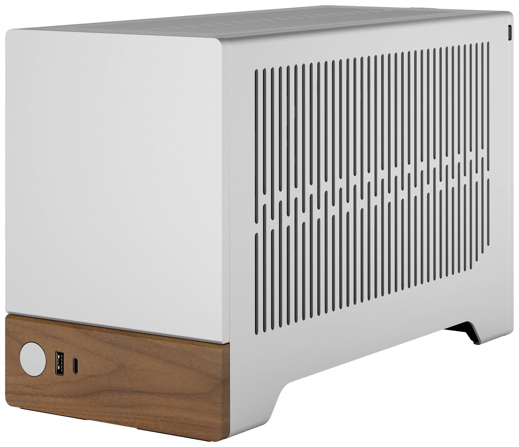 Computergehäuse aus Metall mit Holzdetails; moderne, minimalistische Gestaltung.