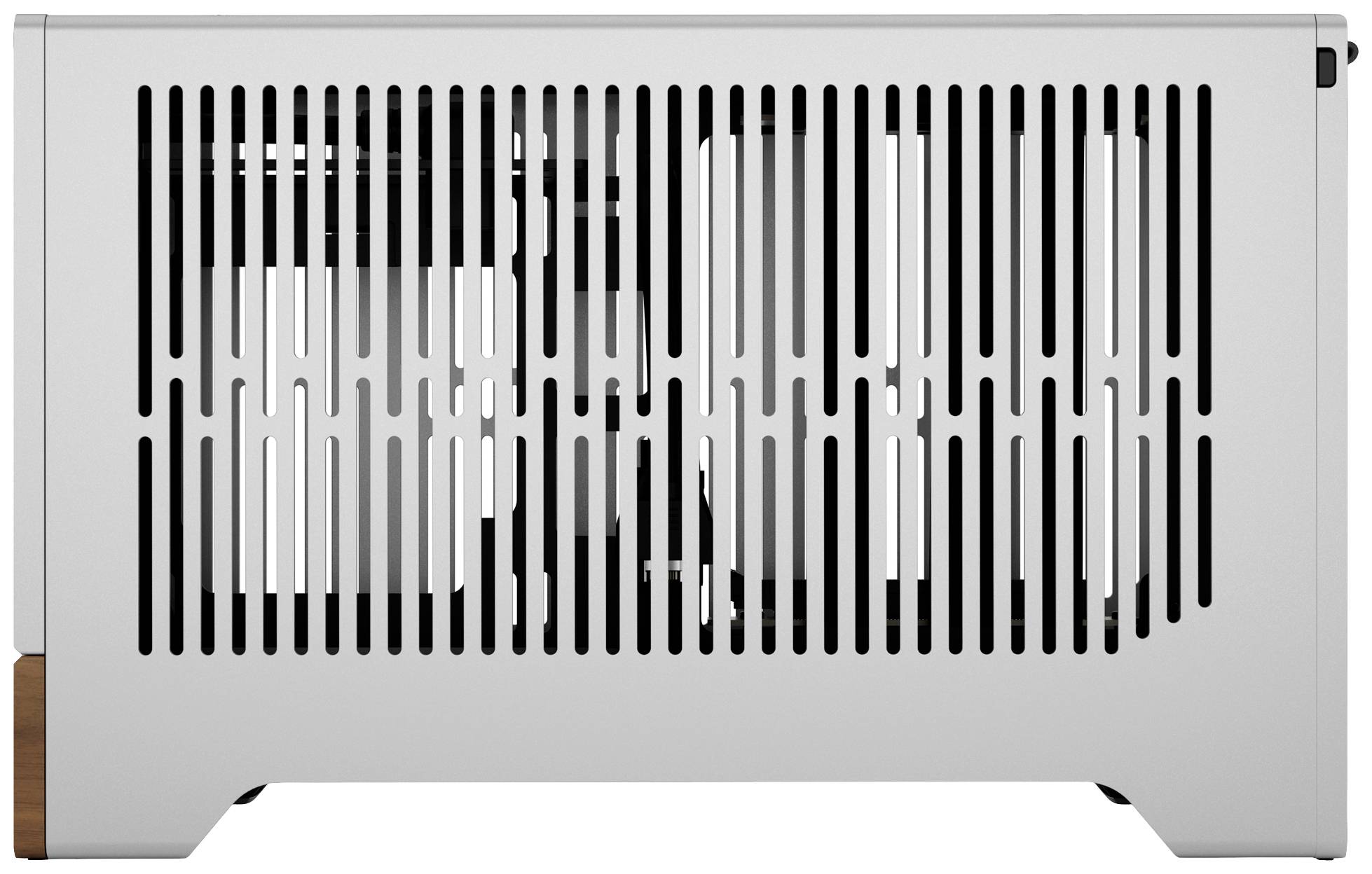 Ein moderner Computergehäuselüfter mit horizontalen Lüftungsschlitzen, schützt die internen Komponenten und ermöglicht Luftzirkulation.