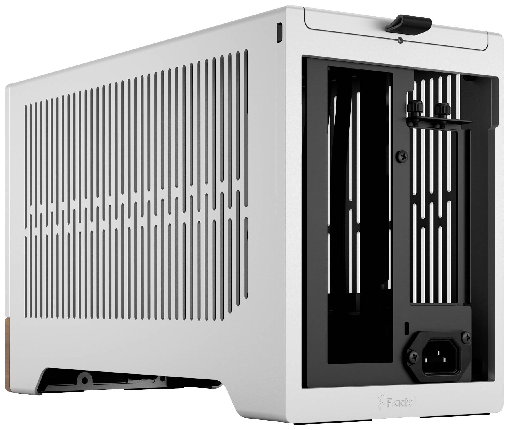 Kompaktes, rechteckiges PC-Gehäuse in Weiß mit schwarzem Innenraum, Lufteinlässe an den Seiten und Anschlüssen auf der Rückseite.