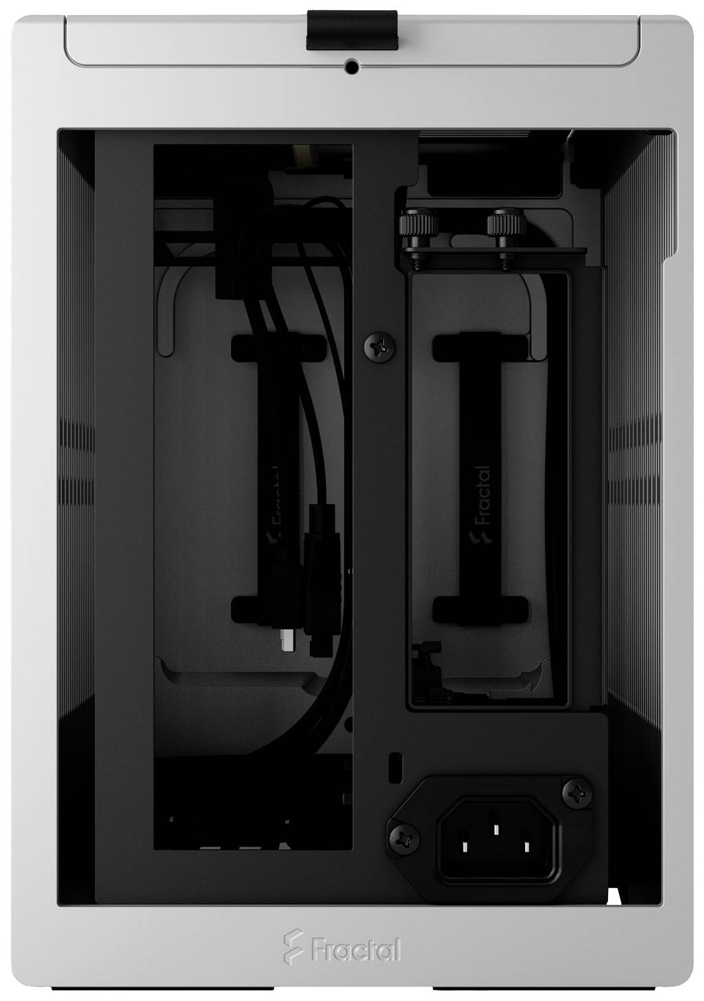 Innenansicht eines weißen Computergehäuses mit Kabeln und Platz für Kühlungskomponenten. Gehäuse mit Fractal-Logo, minimalistisch gestaltet.