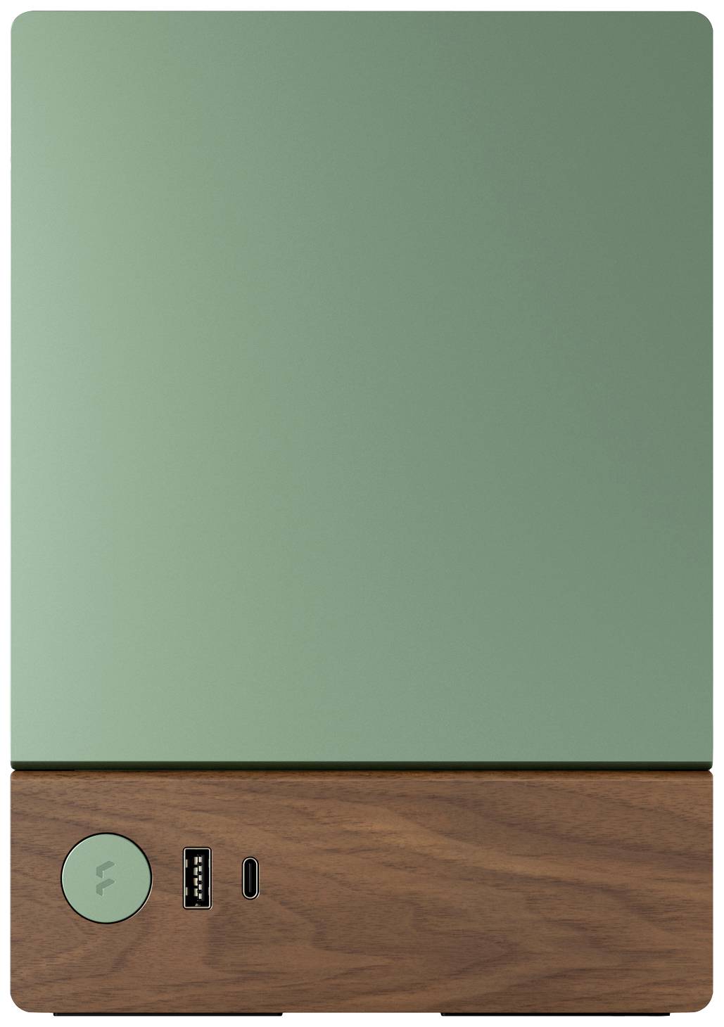 Grünes elektronisches Gerät mit Holzsockel, runder Knopf, USB-Anschluss und USB-C-Anschluss an der Vorderseite.