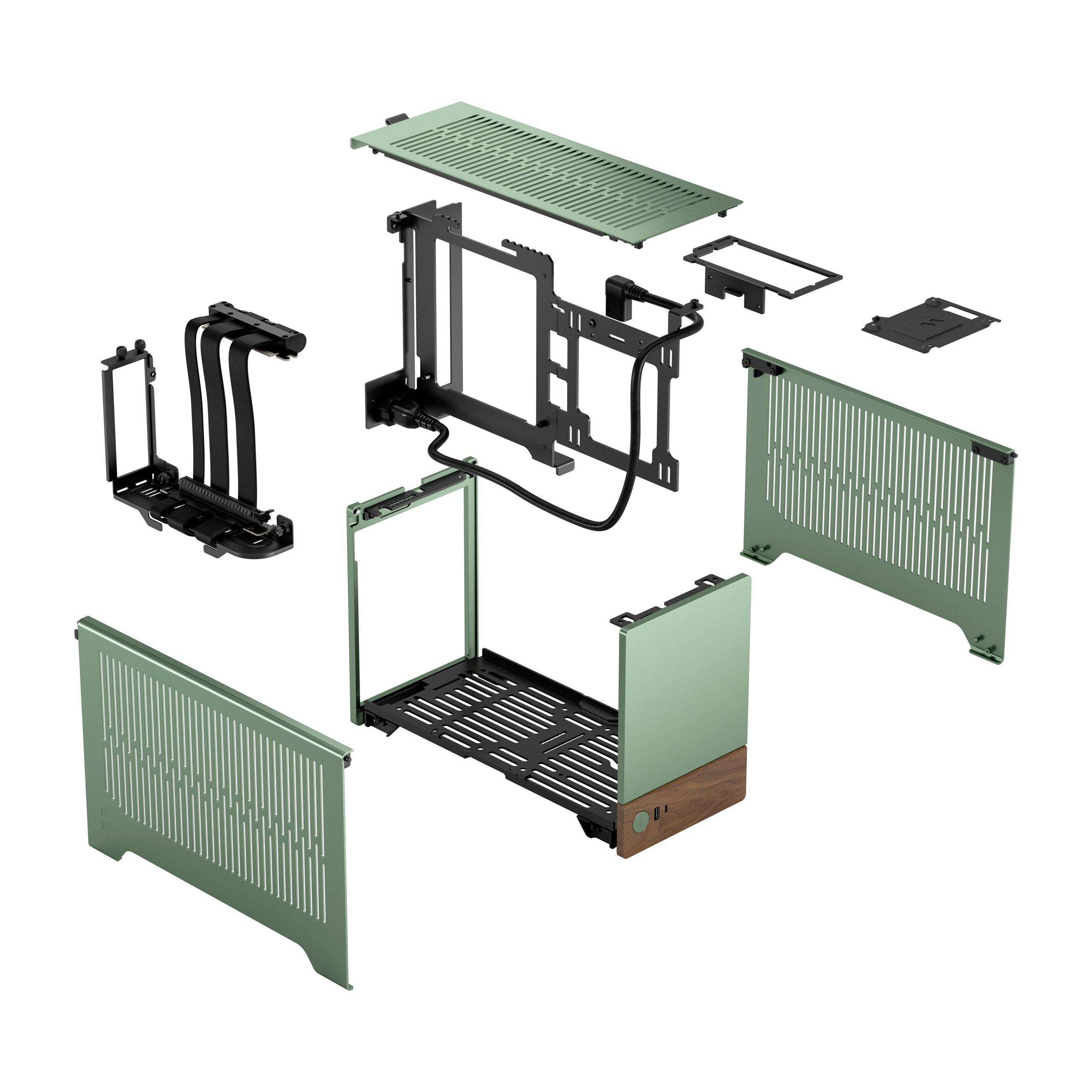 Zerlegtes Computergehäuse mit grünen und schwarzen Bauteilen, einschließlich Seitenteile, Bodenplatte und innerer Rahmen.