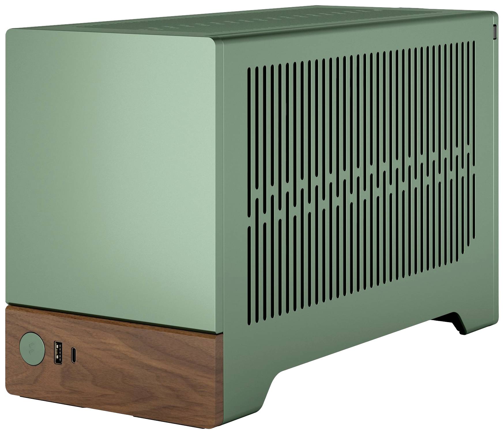 Ein grünes, rechteckiges Gerät mit Holzdetails und Lüftungsschlitzen an der Seite; möglicherweise ein elektronisches Gerät.