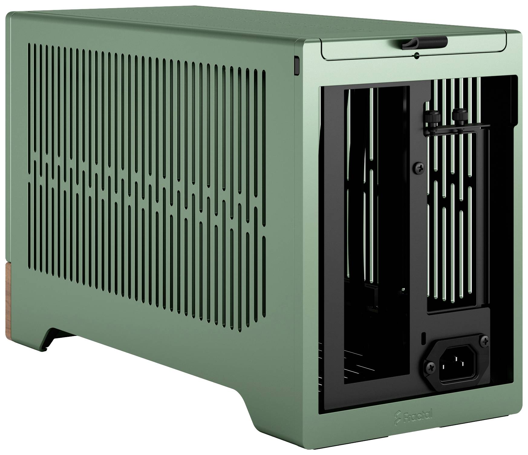 Ein grünes, rechteckiges Computergehäuse mit Lüftungsschlitzen an den Seiten. Die Vorderseite zeigt einen platzsparenden Aufbau.