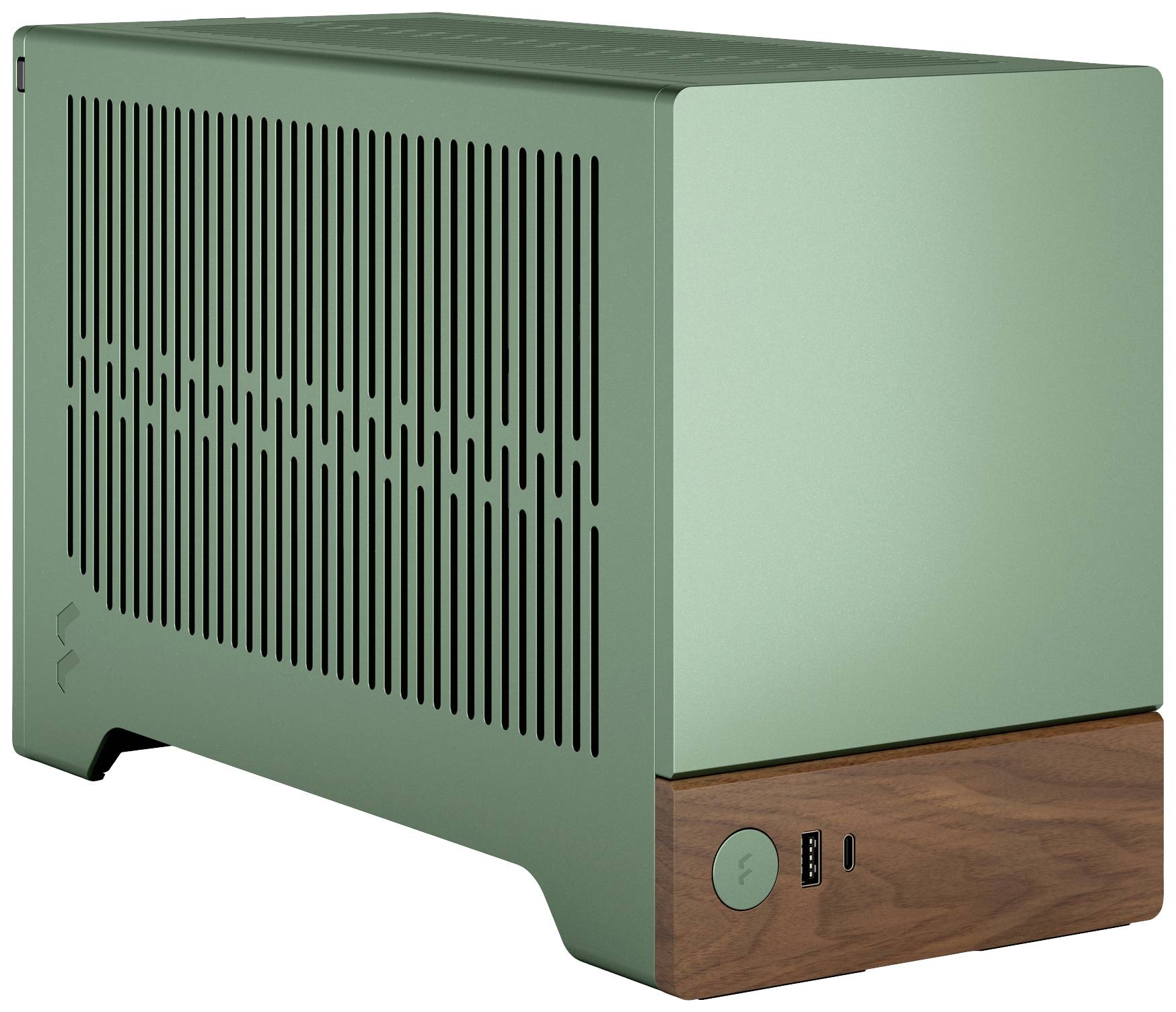 Ein kleiner PC-Tower in grün mit Holzverzierung, belüftetes Seitendesign und an der Vorderseite Anschlüsse und ein Schalter.