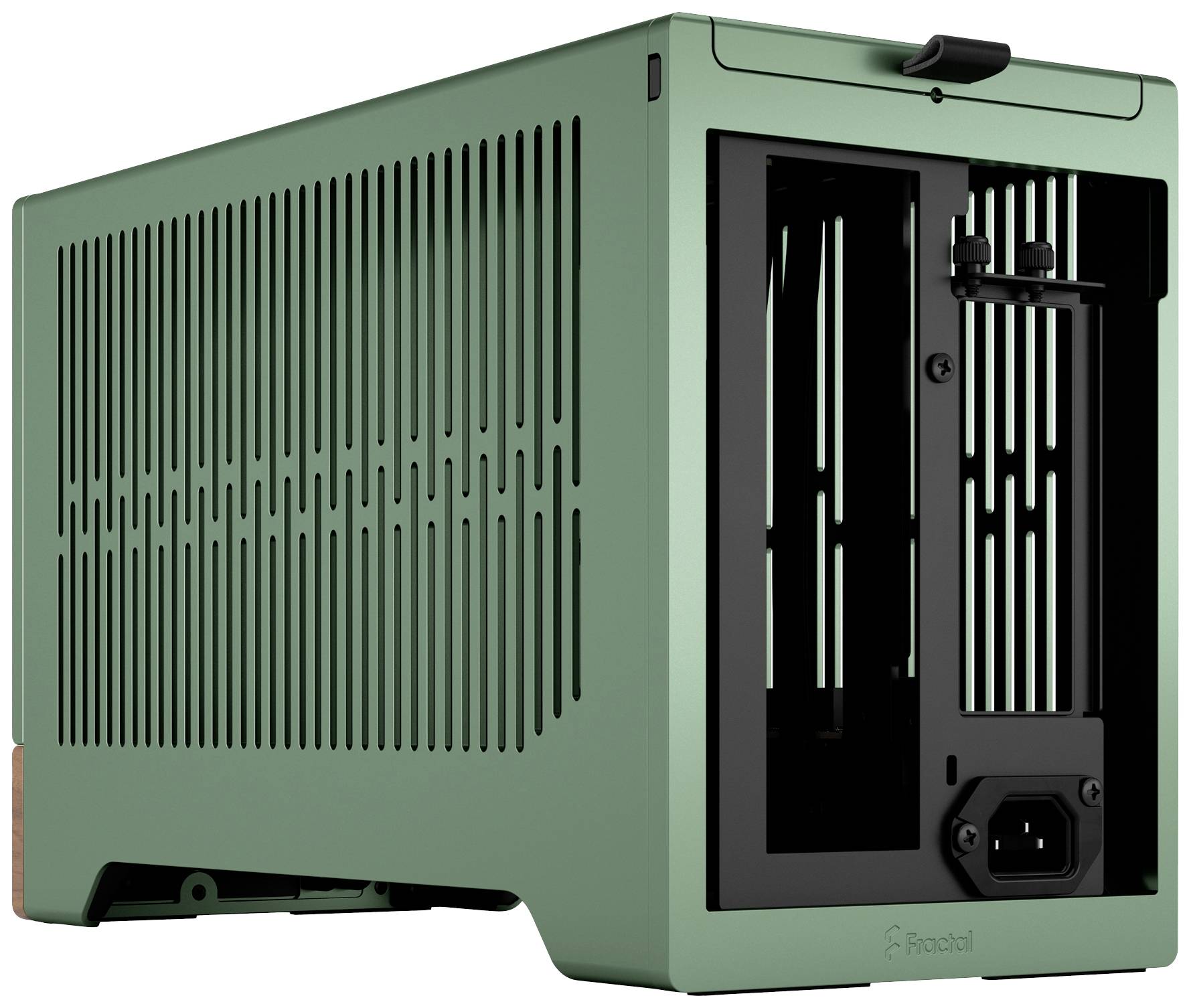 Grünes computerähnliches Gerät mit geöffnetem Gehäuse und sichtbaren Lüftungsschlitzen. Rückseite zeigt einen Anschluss für Netzstrom.