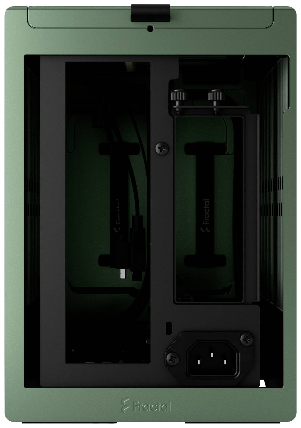 Grünes Computergehäuse mit schwarzem Innenrahmen, sichtbaren Kabelhalterungen und Netzstecker.