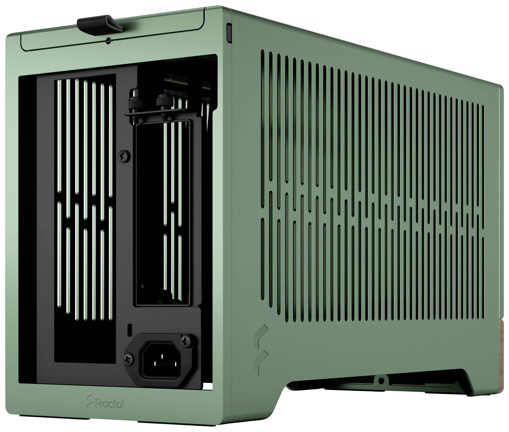 Kleines, rechteckiges, grünes Computergehäuse mit Lüftungsschlitzen und Anschlüssen auf der Rückseite. Modernes, minimalistisches Design.