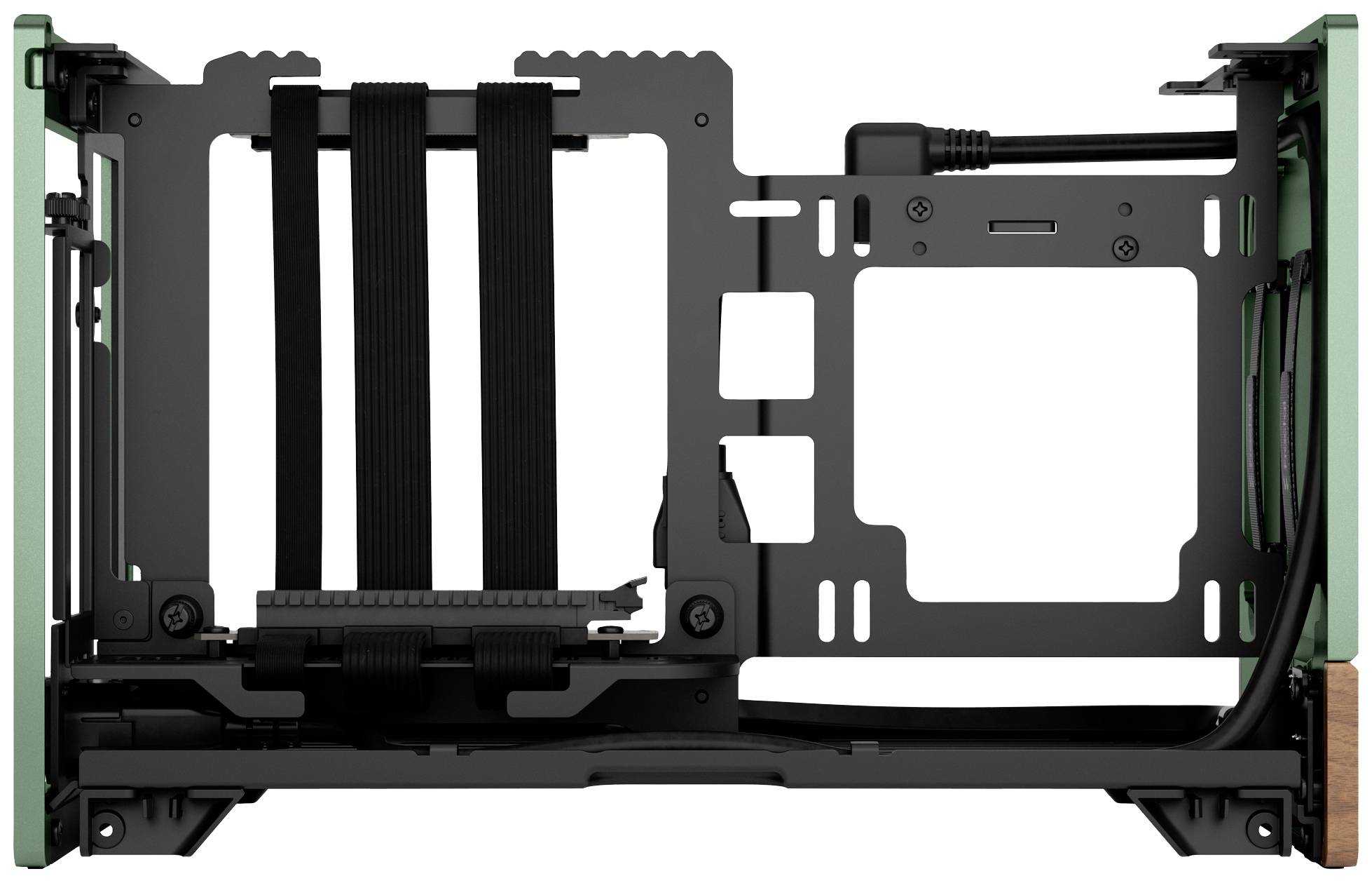 Computergehäuse-Innenansicht ohne Hauptkomponenten, zeigt Struktur für Mainboard und Kabelführung.