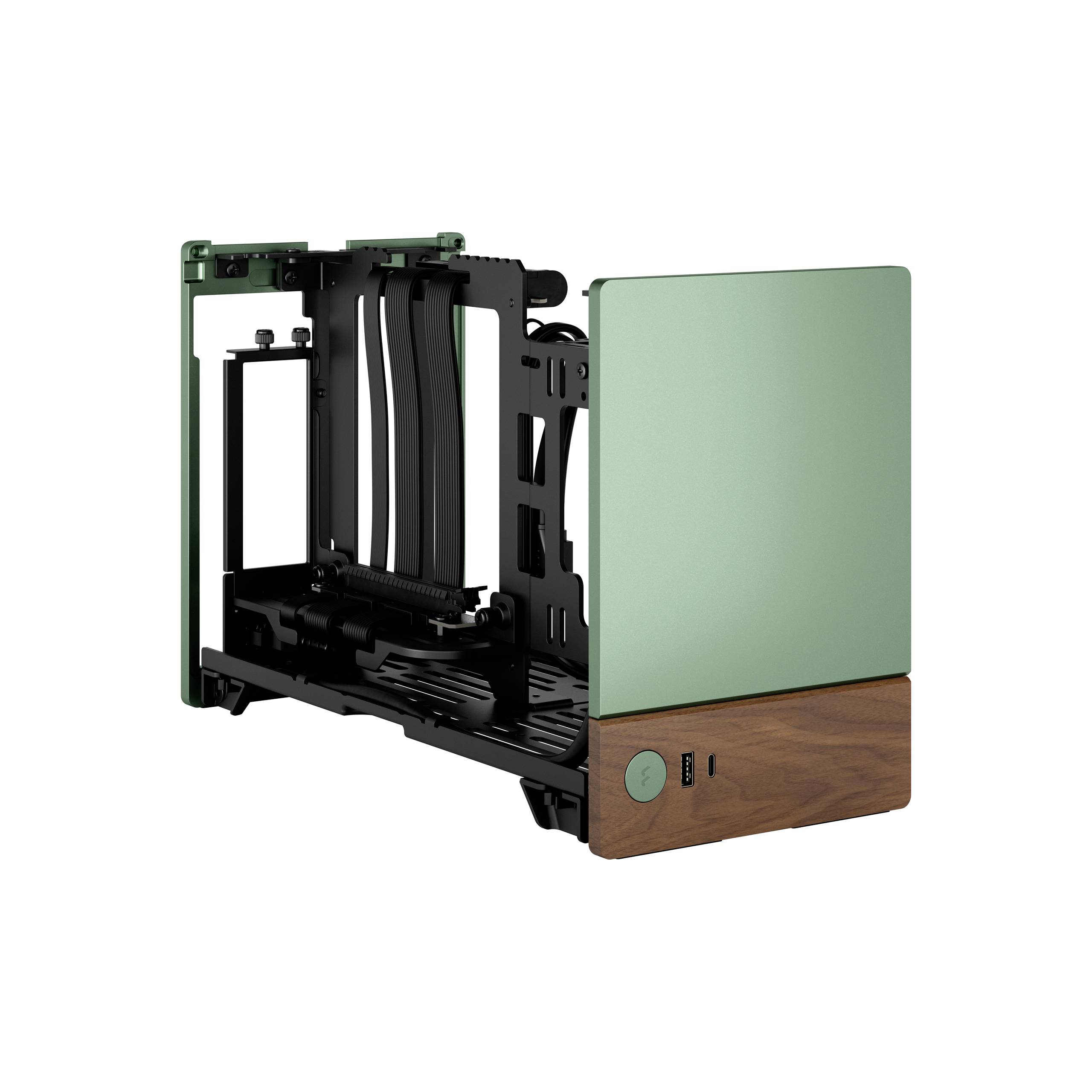 Grünes PC-Gehäuse mit offenem Design, Holzdetails und USB-Anschlüssen an der Vorderseite. Ideal für benutzerdefinierte PC-Builds.