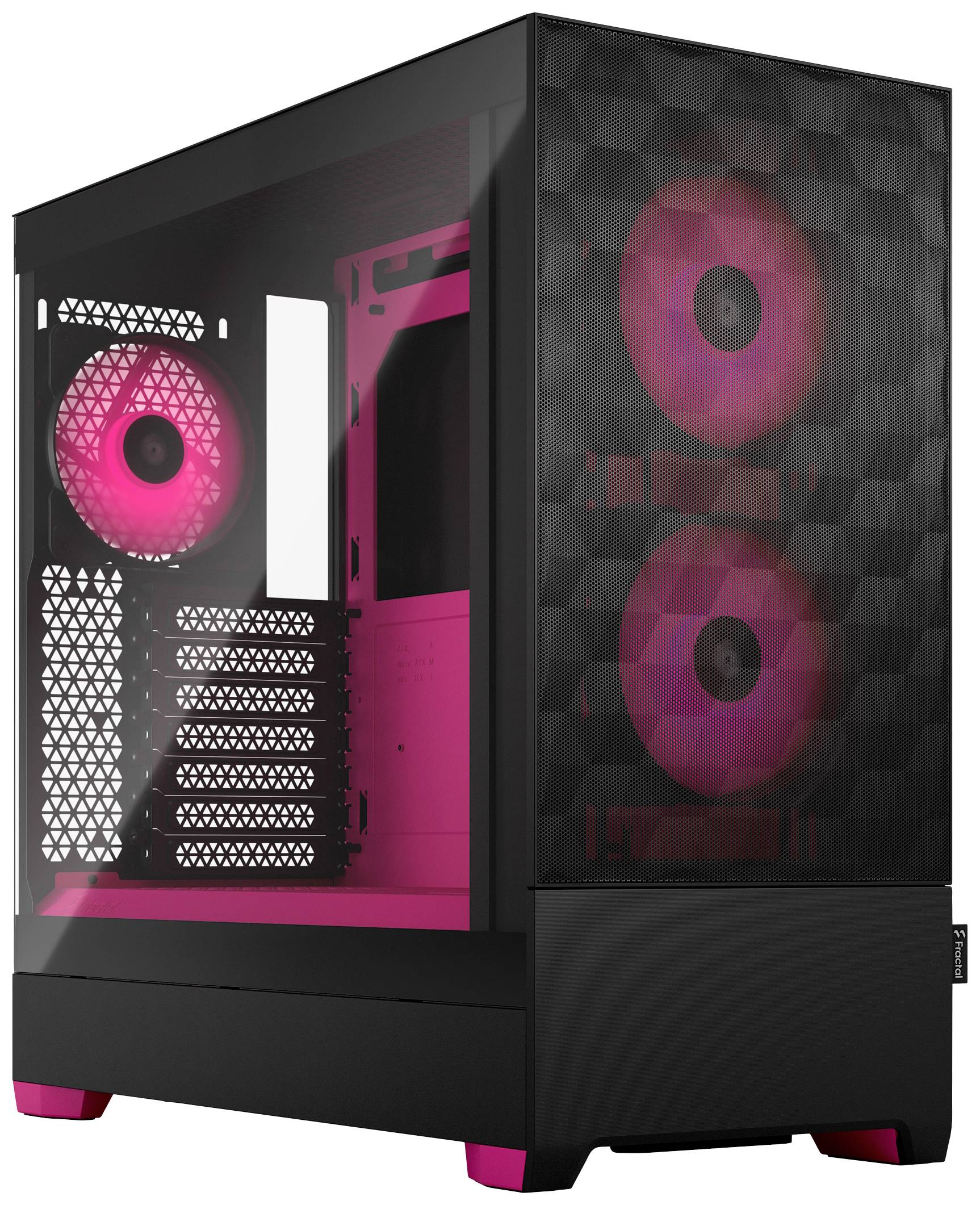 Ein schwarzes Computergehäuse mit transparenten Seiten zeigt innen leuchtende rosa Lüfter. Ideal für Gaming-Setups.