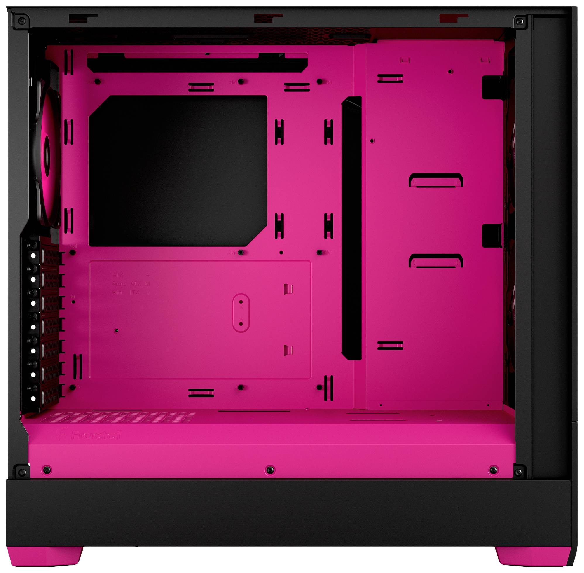 Ein leeres Computergehäuse mit auffälligem pinken Innenleben und schwarzem Gehäuserahmen, geeignet zum Einbau von PC-Komponenten.