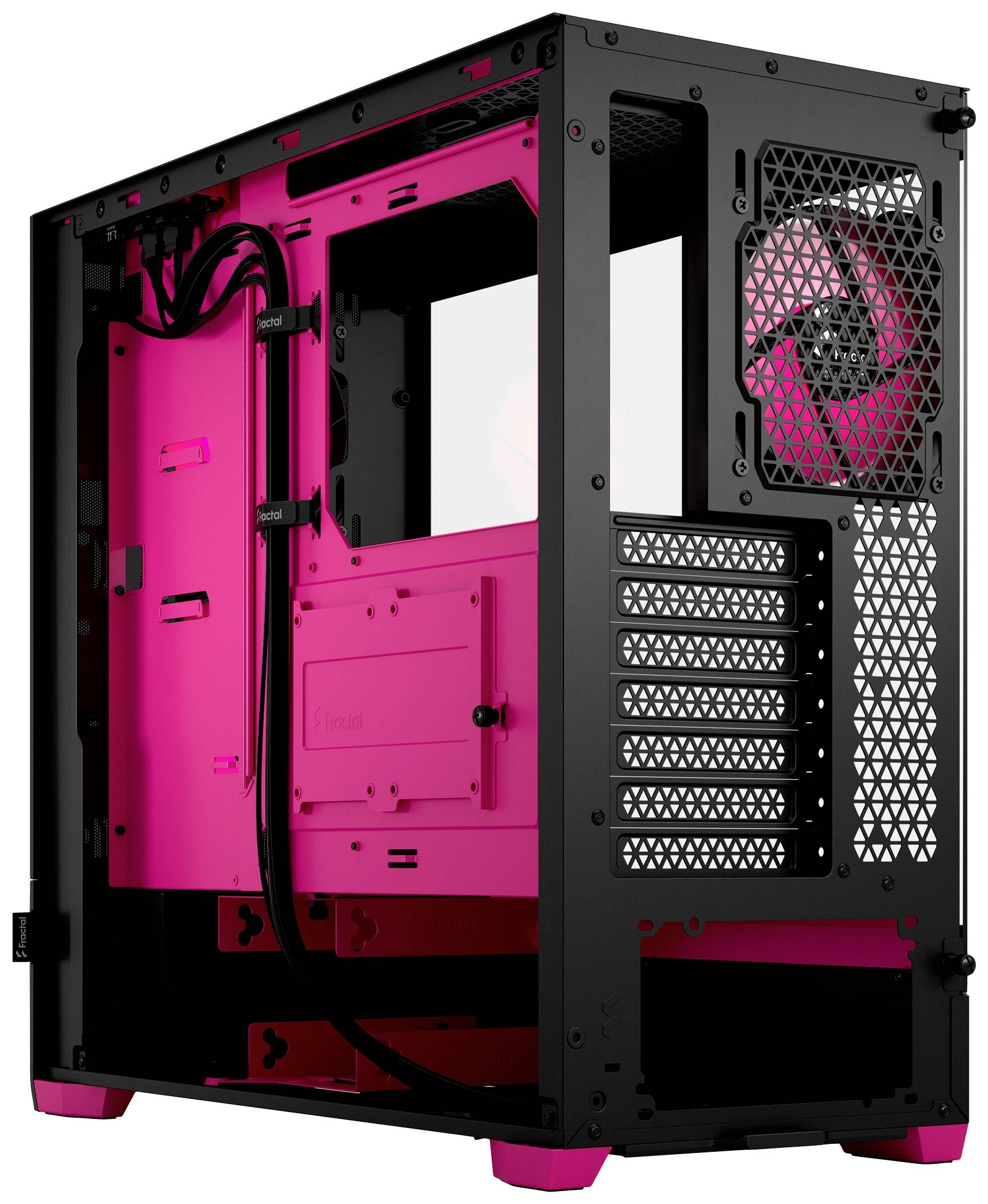 Rosa und schwarzes Computergehäuse mit offenem Design, Lüfter hinten, Kabelmanagement innen sichtbar.