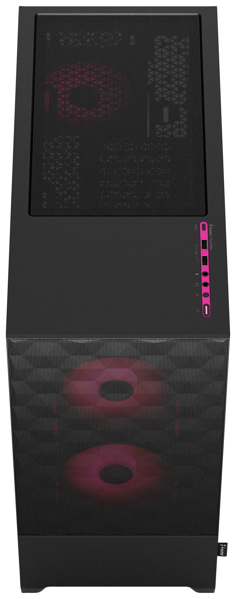 Ein schwarzes Computergehäuse mit zwei sichtbaren Lüftern, die in rotem Licht leuchten. Oben sind Lüftungsschlitze und Bedienelemente.