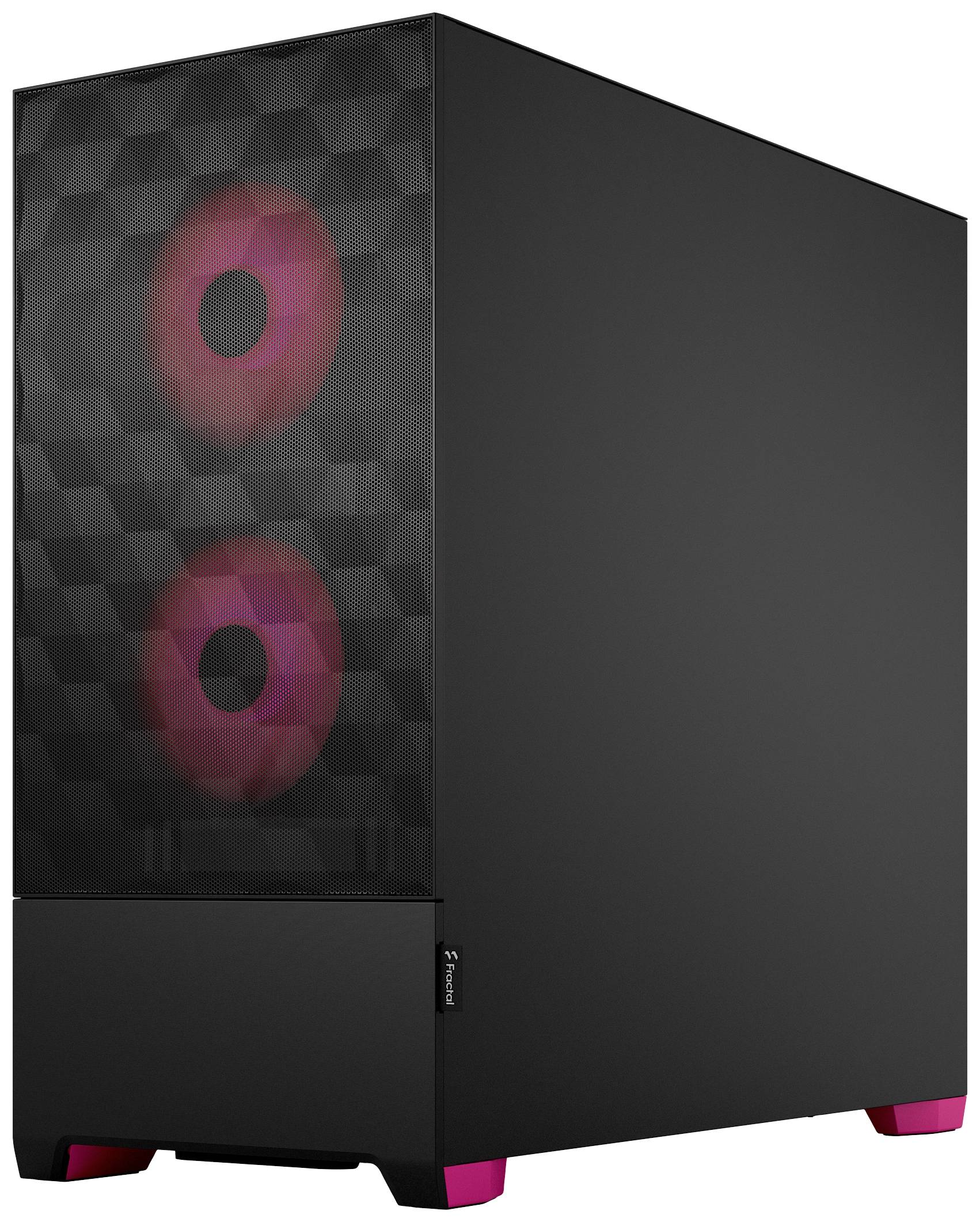 Ein schwarzes Computergehäuse mit zwei leuchtenden roten Lüftern an der Vorderseite und roten Standfüßen.