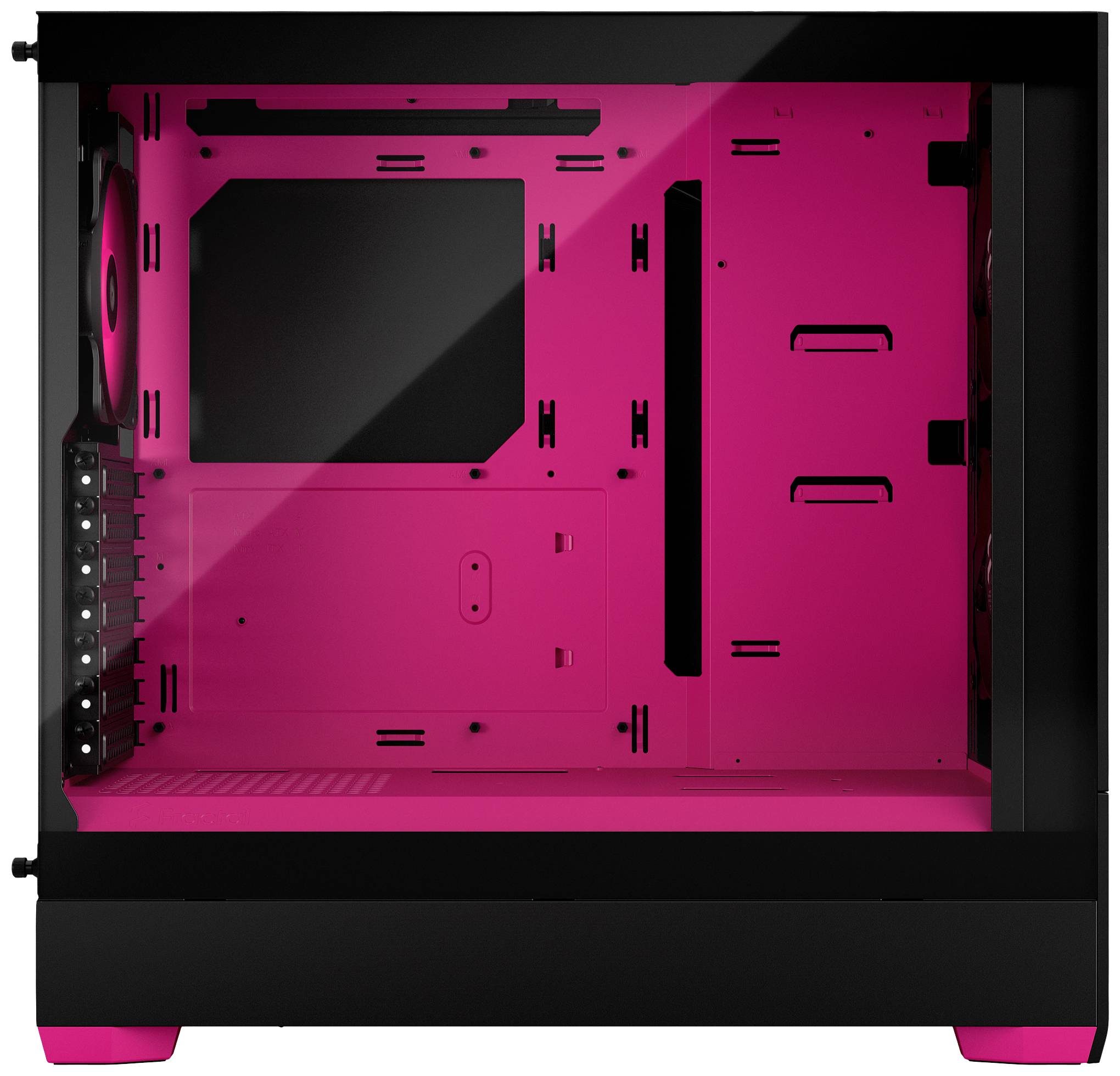 Schwarzes PC-Gehäuse mit transparentem Seitenfenster und pinkem Innenraum, bietet Platz für Komponenten, Lüfterhalterungen sichtbar.