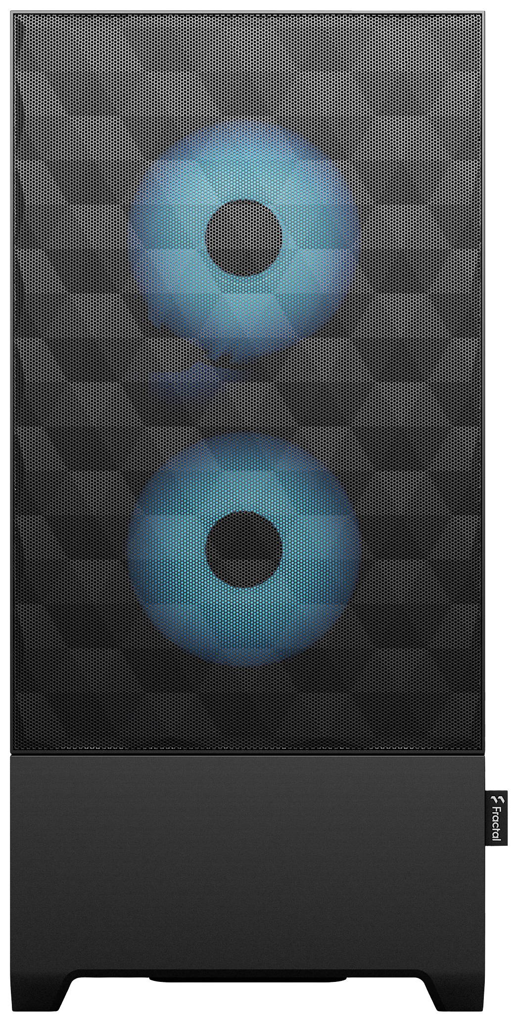 Ein schwarzes Lautsprechersystem mit zwei leuchtend blauen, runden Akzenten in der oberen Hälfte. Minimalistisches Design.