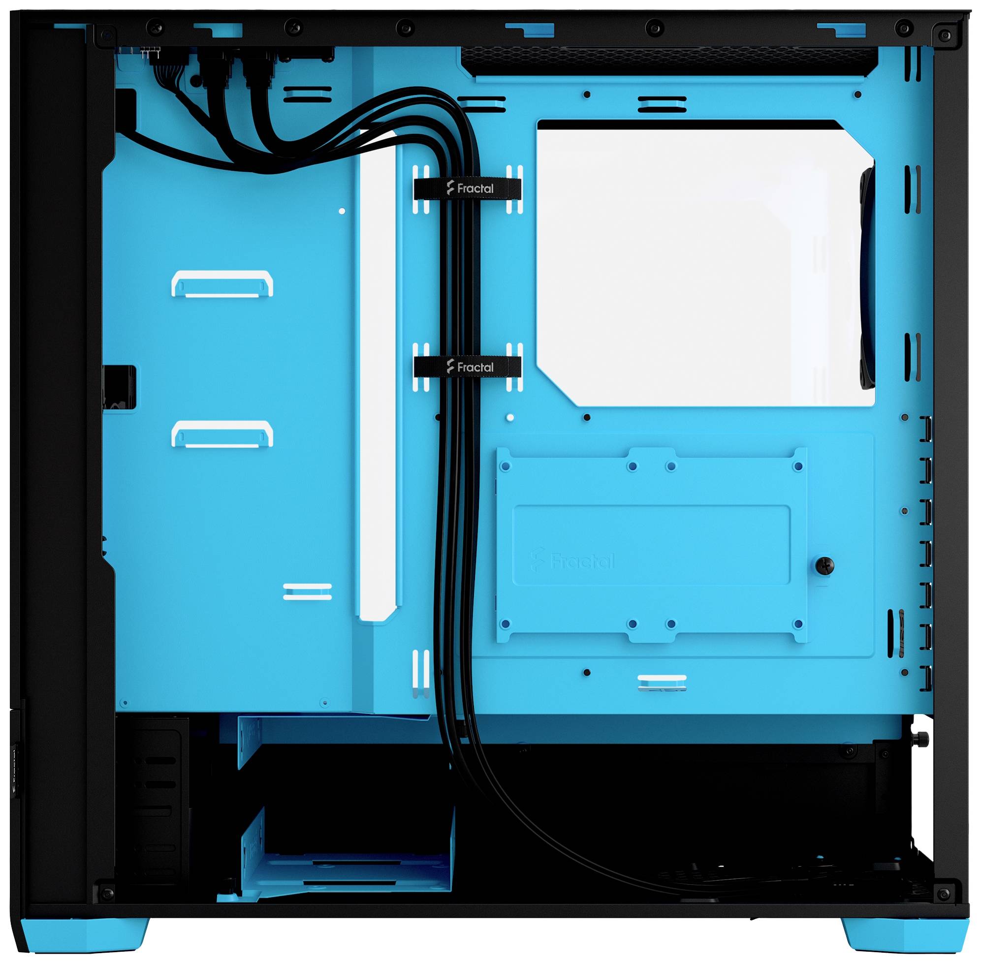 Innenansicht eines Computergehäuses mit blauem Innenraum, sichtbaren Kabeln und Halterungen für Hardwarekomponenten.