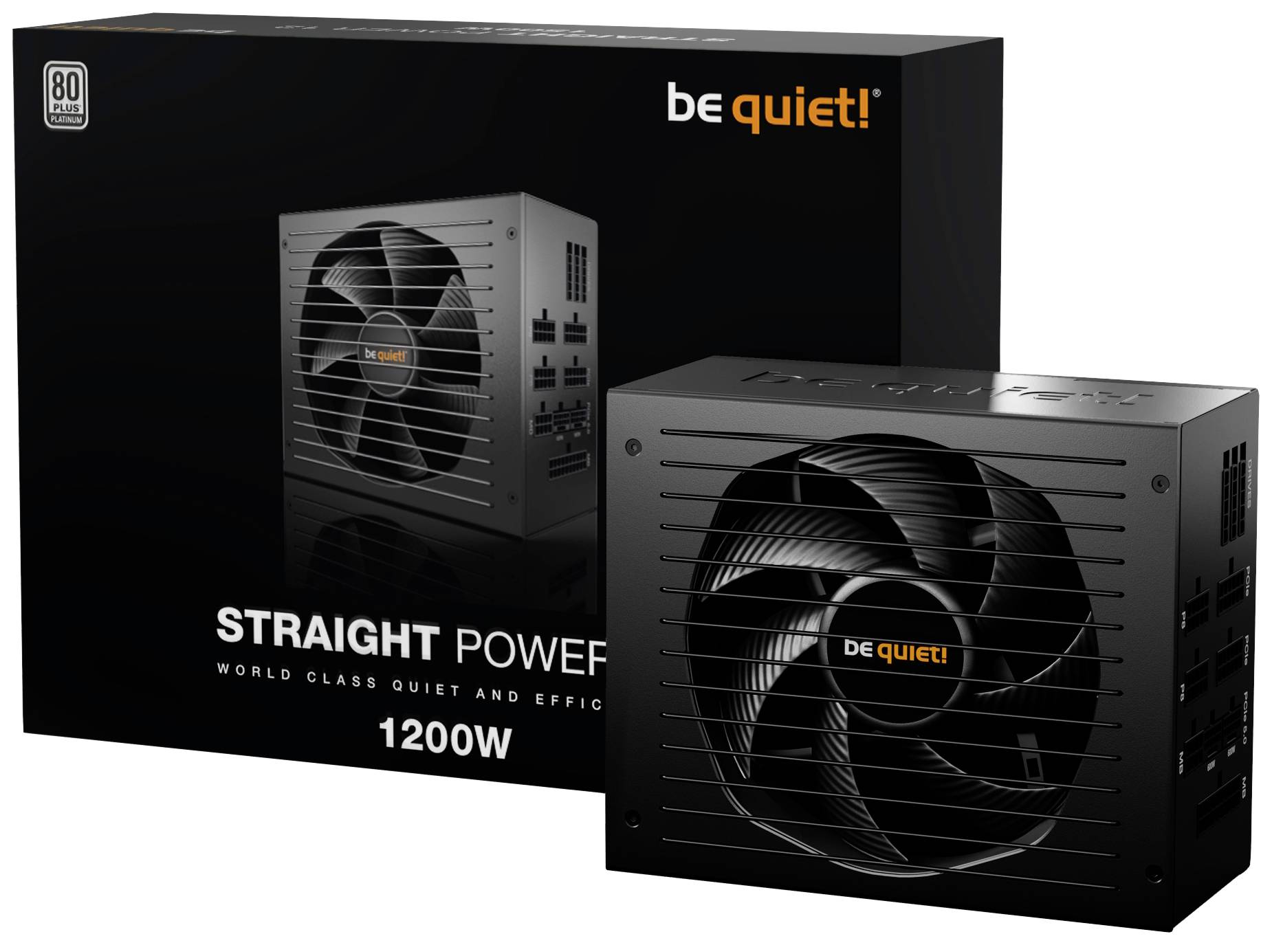 Netzteil 'be quiet! Straight Power 1200W' vor schwarzer Verpackung. Produkt bietet leisen Betrieb und hohe Effizienz.