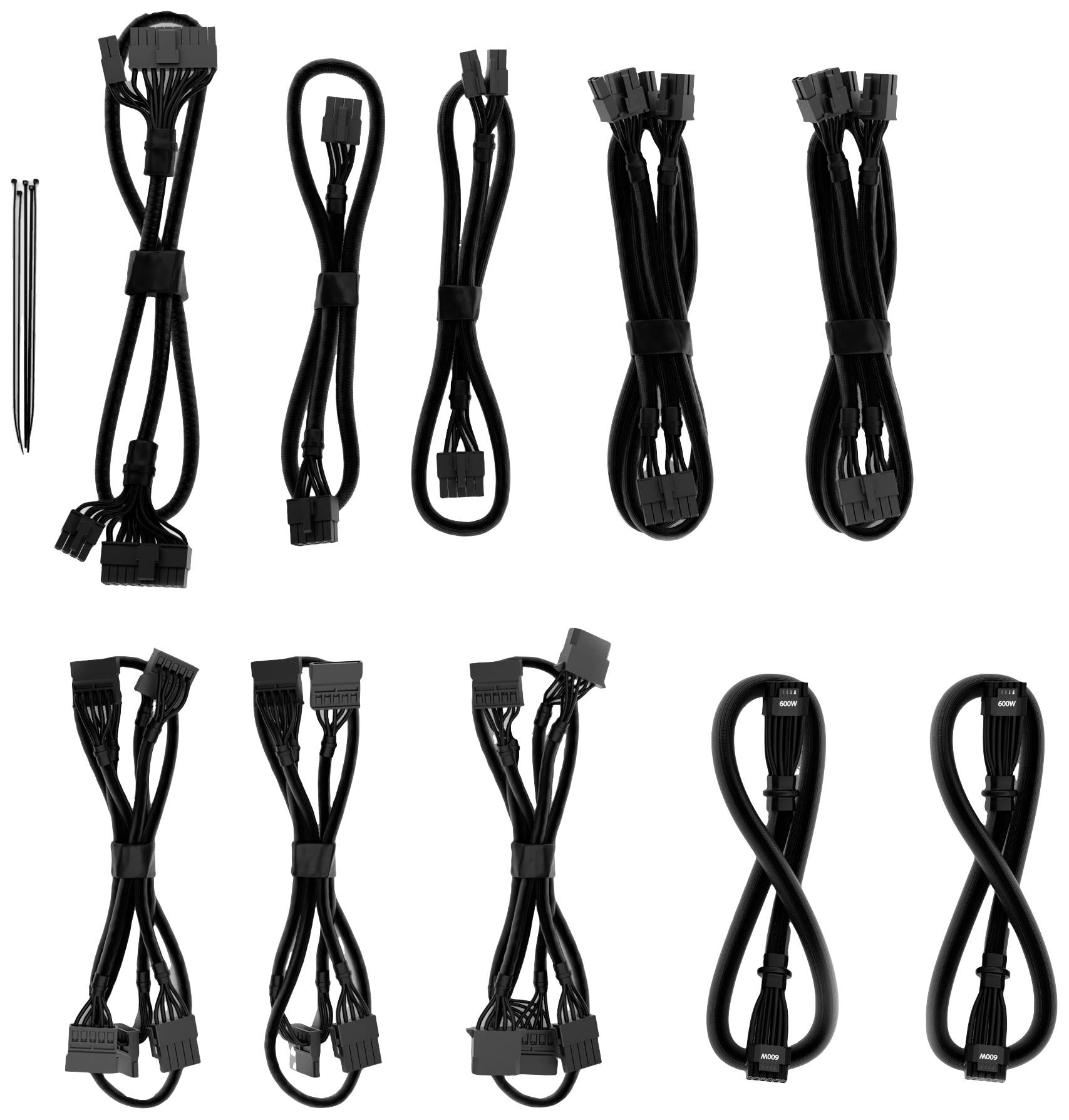 Kabel-Set für PC-Netzteile: Verschiedene schwarze Stromkabel für den internen Anschluss von PC-Komponenten.