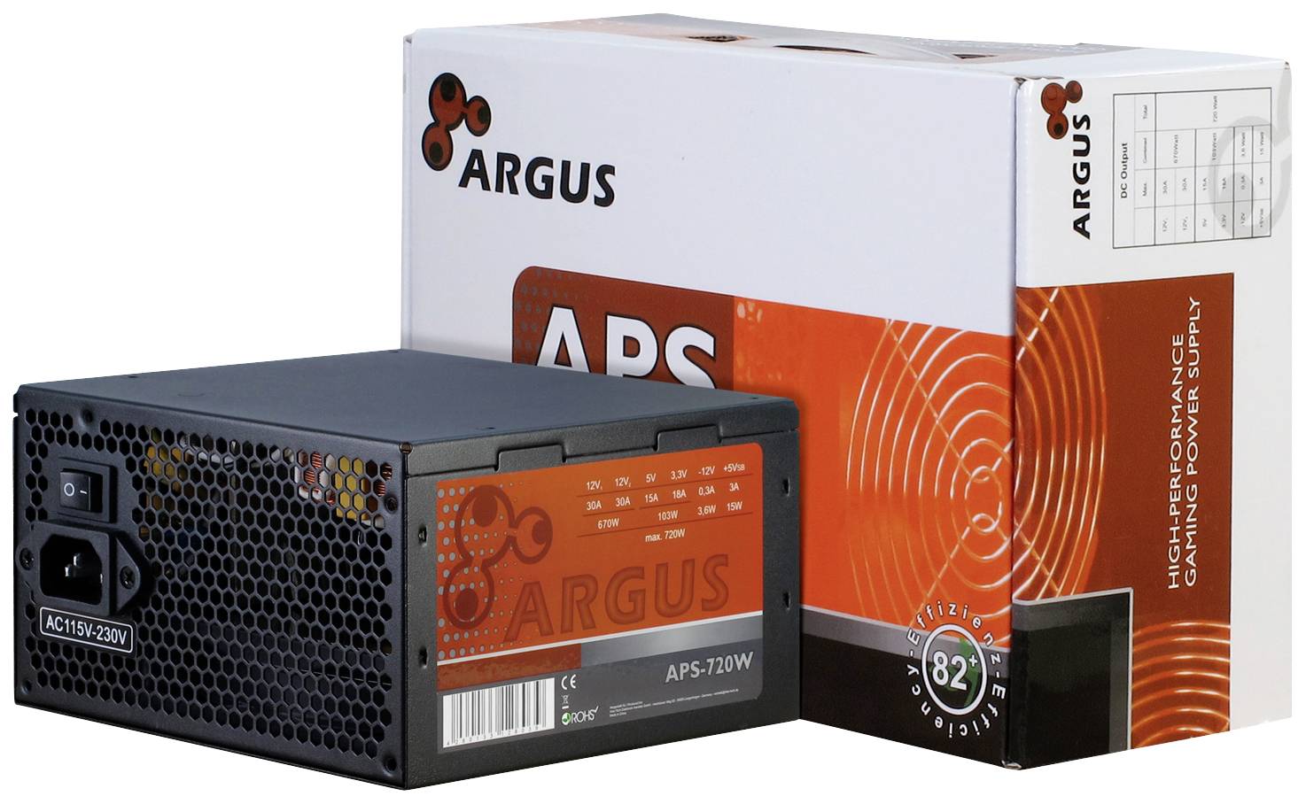 'Argus APS-720W' Netzteil, ATX-Format, schwarz, neben Produktverpackung gezeigt. Verpackung betont hohe Leistung und Effizienz.