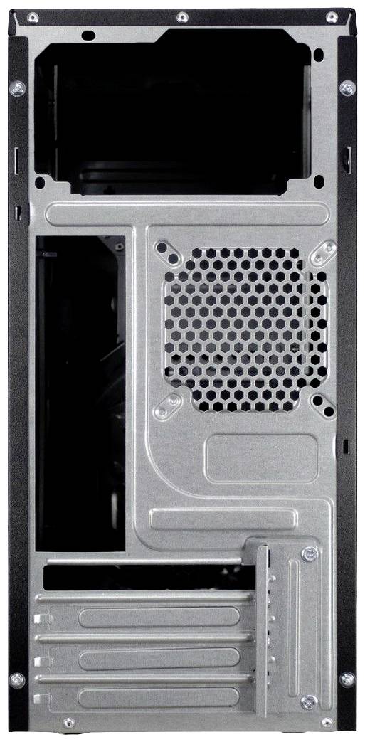 Rückseite eines Computergehäuses aus Metall mit Lüftungsgitter und Erweiterungssteckplätzen.