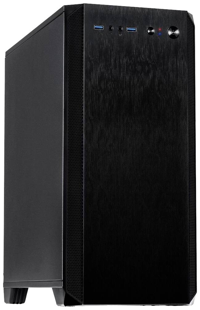 Schwarzes Computergehäuse mit USB-Anschlüssen und Tasten an der Oberseite. Minimalistisches Design für PC-Bau.