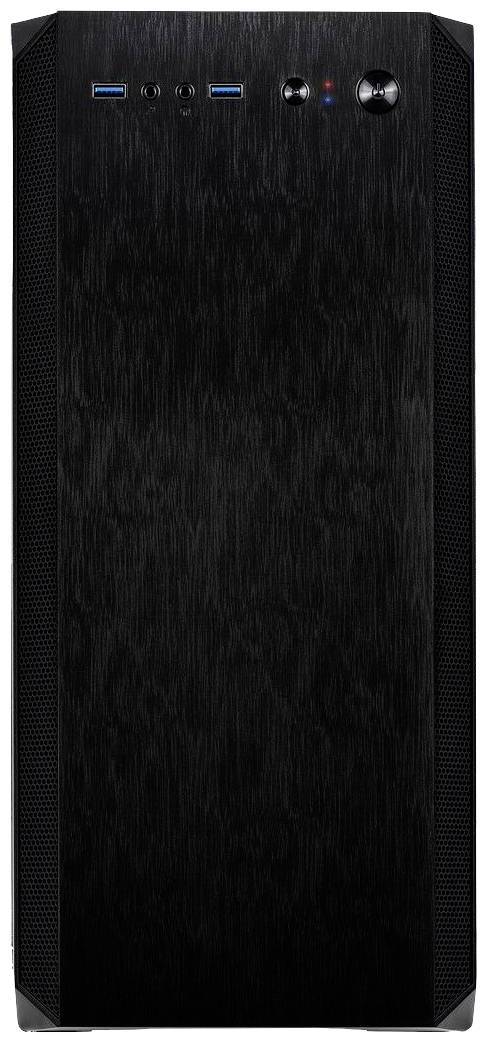 Vorderansicht eines schwarzen Computergehäuses mit USB-Anschlüssen und weiteren Bedienelementen oben.