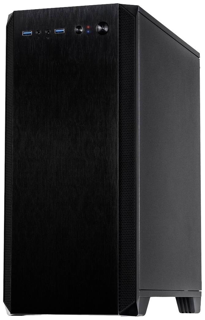 Ein schwarzes Computergehäuse mit USB-Anschlüssen und LED-Anzeigen an der Front, stehend auf einer ebenen Fläche.