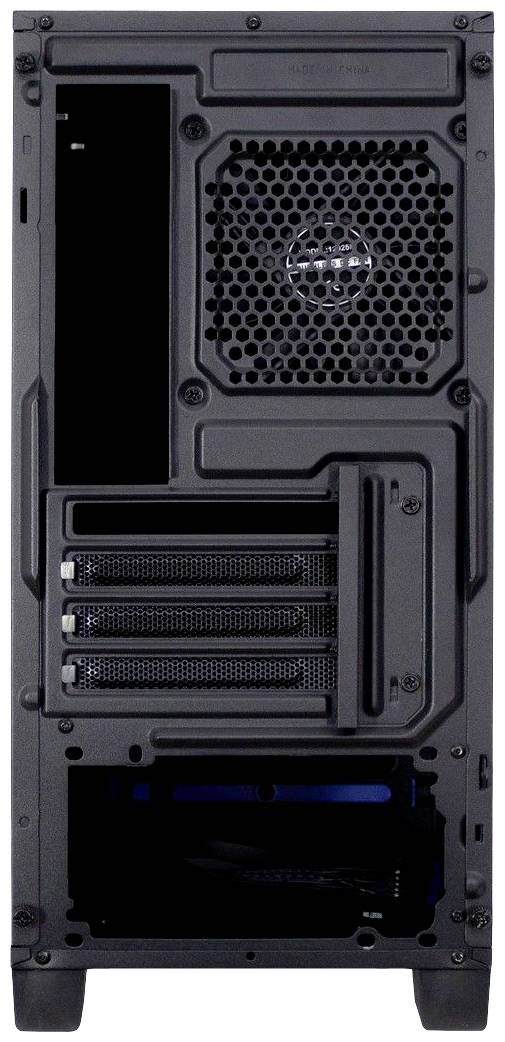 Rückseite eines Computergehäuses mit Lüftergitter und Erweiterungssteckplätzen, zeigt Anschlüsse und Luftauslass für Kühlungszwecke.