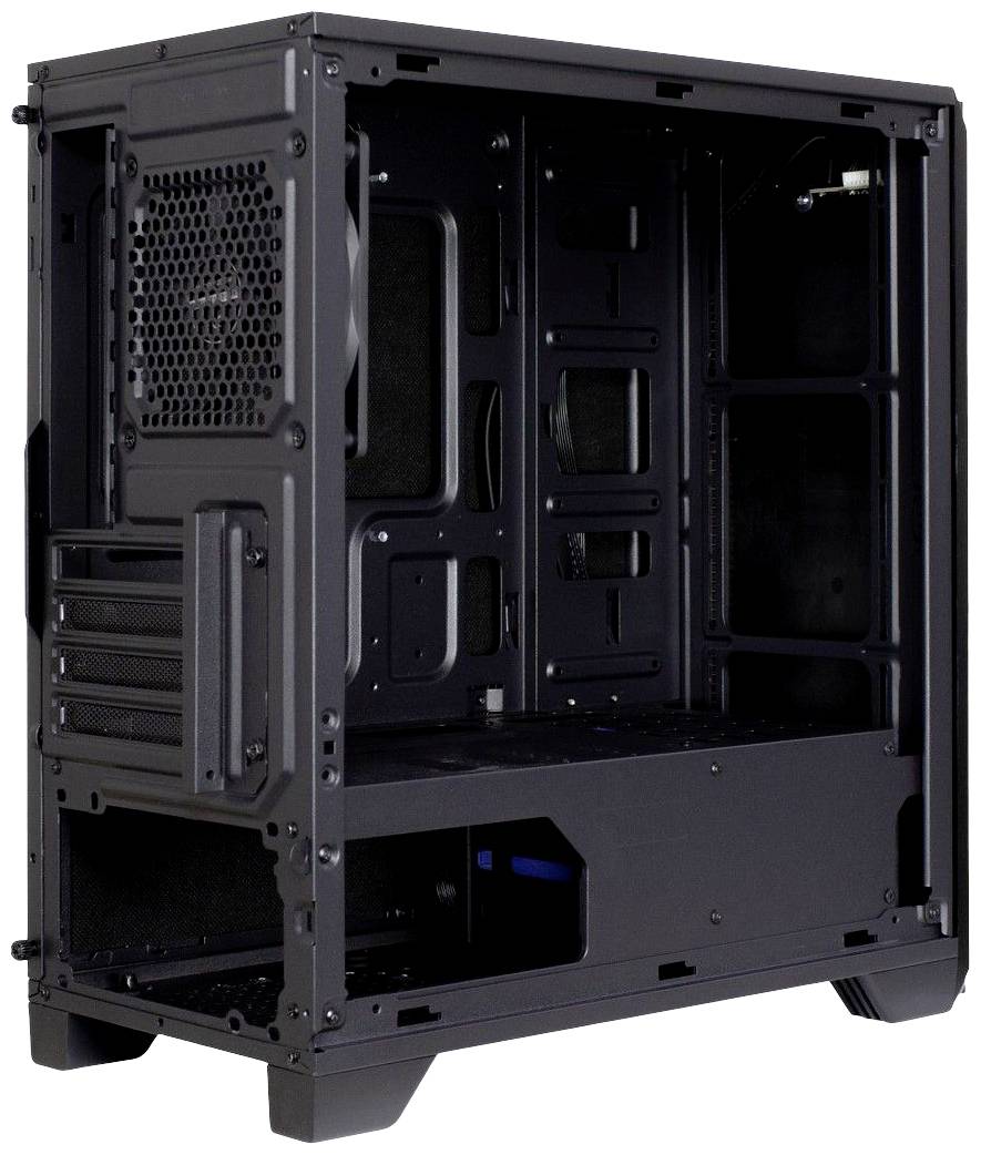 Schwarzes PC-Gehäuse, geöffnet. Sichtbar sind Laufwerksschächte, Lüftergitter und Kabelmanagement-Bereiche. Gehäuse steht auf Füßen.