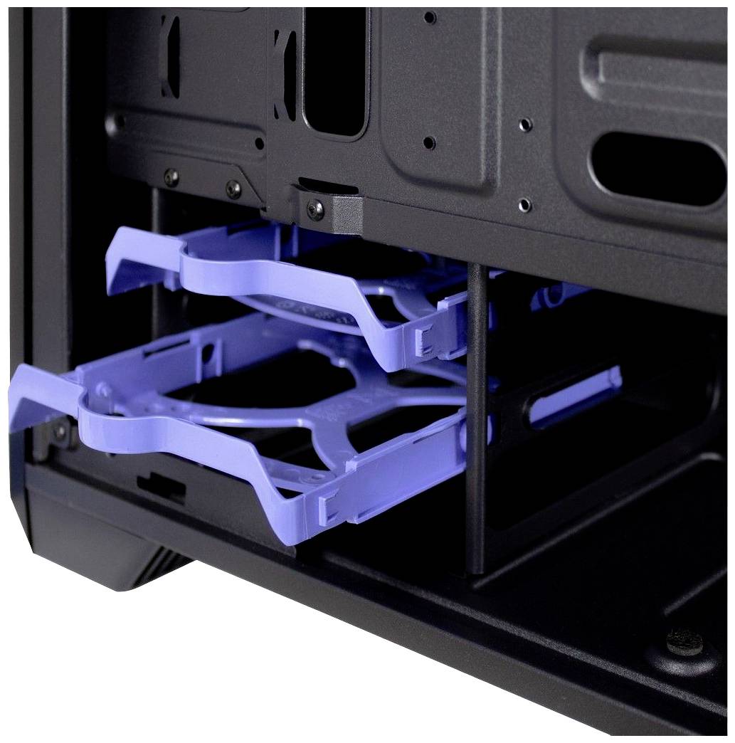 Zwei geöffnete Festplattenschächte mit blauen Schlitten in einem Computergehäuse. Sie sind bereit, Laufwerke aufzunehmen.