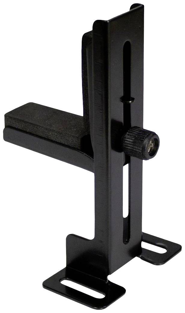 Schwarze, winkelverstellbare Halterung aus Metall mit einem Schiebemechanismus und Schraube zur Höhenanpassung auf flachem Boden.