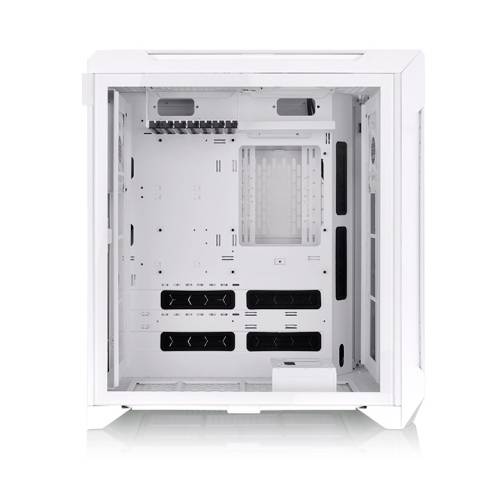 Weißes PC-Gehäuse ohne Komponenten, geeignet für ATX-Mainboards; bietet viele Lüftungsschlitze und Platz für Kabelmanagement.