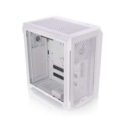 Weißes PC-Gehäuse mit Sichtfenster an der Seite, viel Lüftungsgitter für optimale Kühlung.