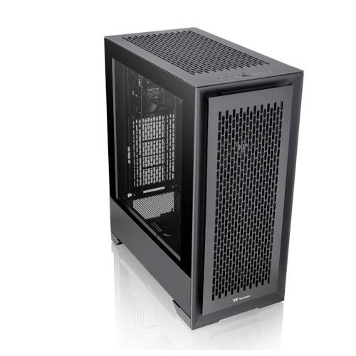 Ein schwarzes Computergehäuse mit transparenter Seitenwand und luftdurchlässiger Vorderseite, geeignet für PC-Bauprojekte.