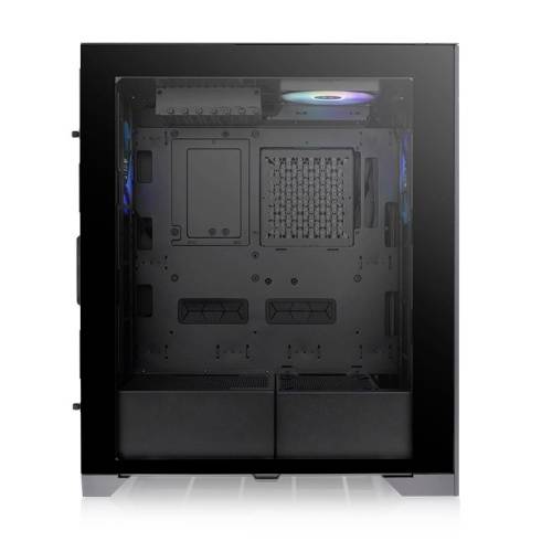 Ein leerer PC-Gehäuseturm mit Glasfront und RGB-Beleuchtung oben. Geeignet zum Einbau von Computerkomponenten.