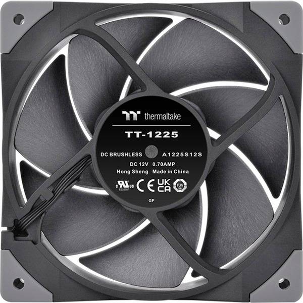 Kühlerlüfter mit fünf grauen Blättern von Thermaltake, Modell TT-1225, DC 12V, 0,70A, hergestellt in China.