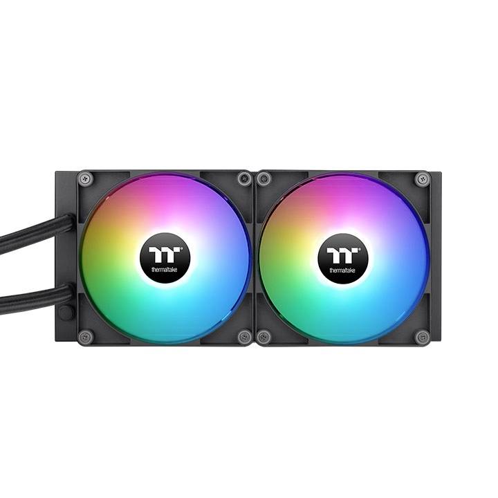 Zwei Computerlüfter mit farbiger LED-Beleuchtung, montiert auf einem schwarzen Kühlkörper. Markenzeichen auf Lüftermitte sichtbar.