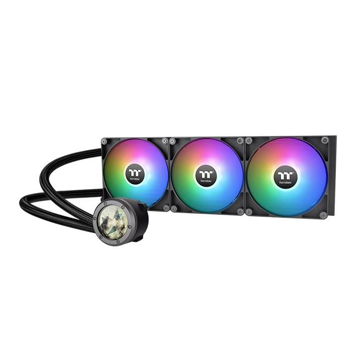 Flüssigkeitskühlsystem mit drei bunten RGB-Lüftern und Kühlkopf mit Logo; zur Kühlung von Computerprozessoren.